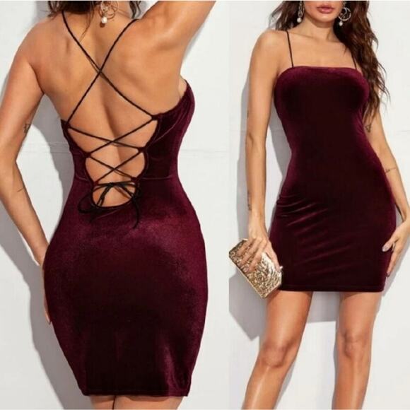 NWT Large Sexy Merlot Velour Velvet Strappy Mini Dress - Picture 1 of 10